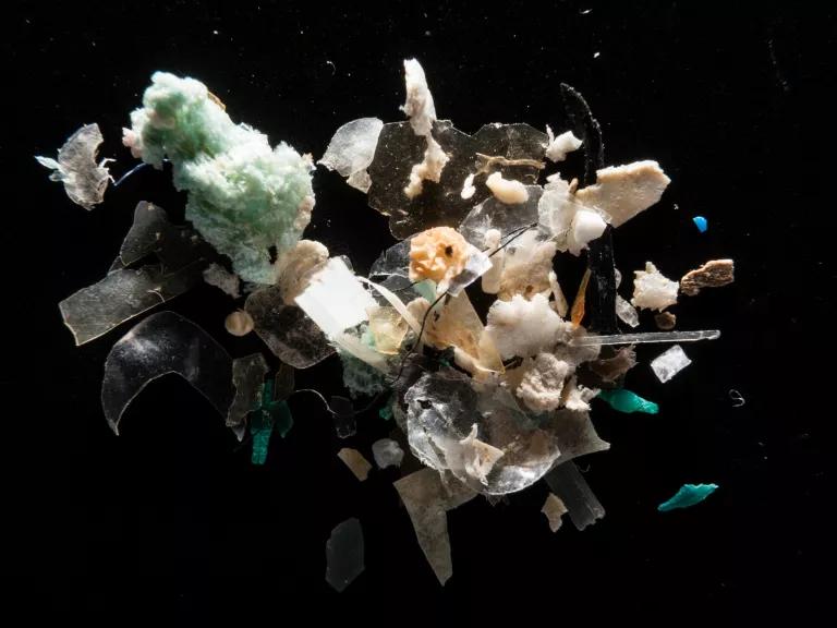 Microplastics in various shapes and textures seen close-up