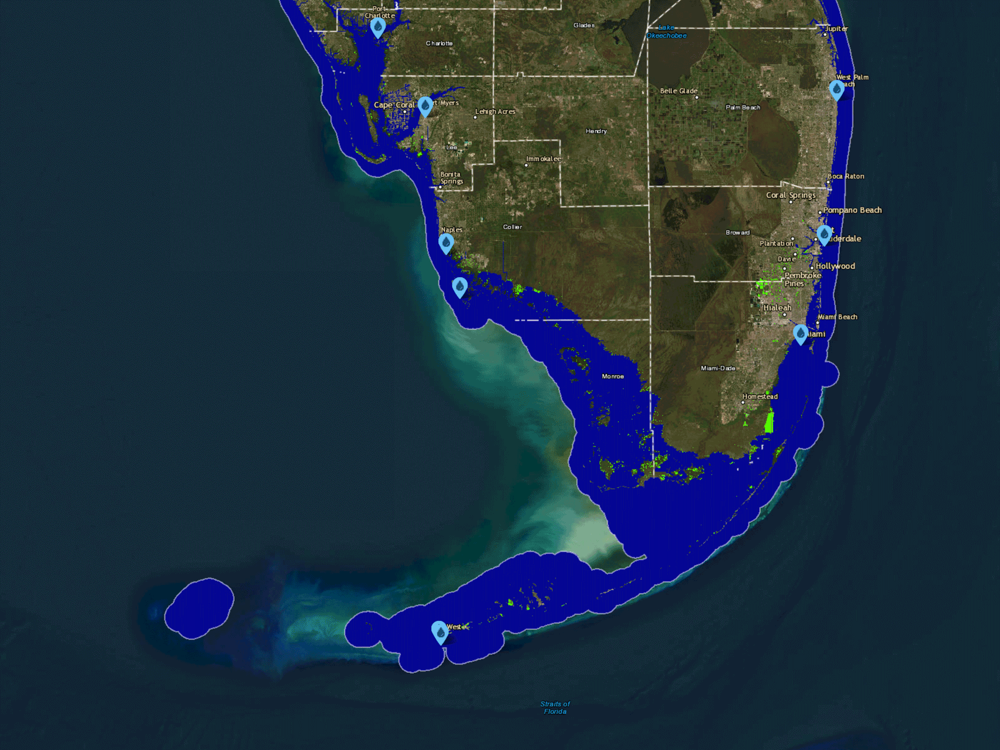 A GIF image shows a satellite view of the southern tip of Florida and the progressive rise of water along the coastline
