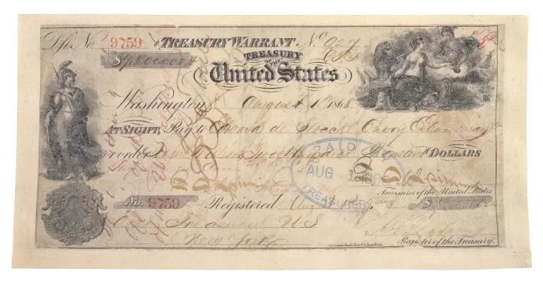 A yellowed certificate with "Treasury Warrant, Treasure of the United States" printed at the top