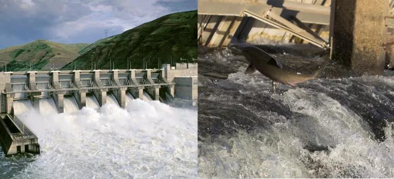 Two views of water rushing through a dam