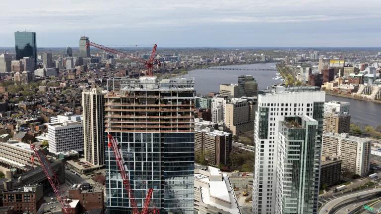 A skyscraper under construction in downtown Boston, Massachusetts.