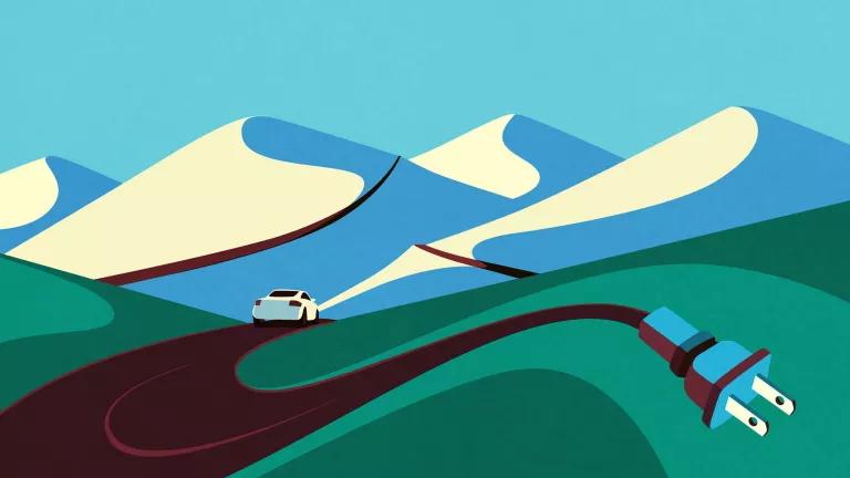 An illustration of an electric car on a mountain road