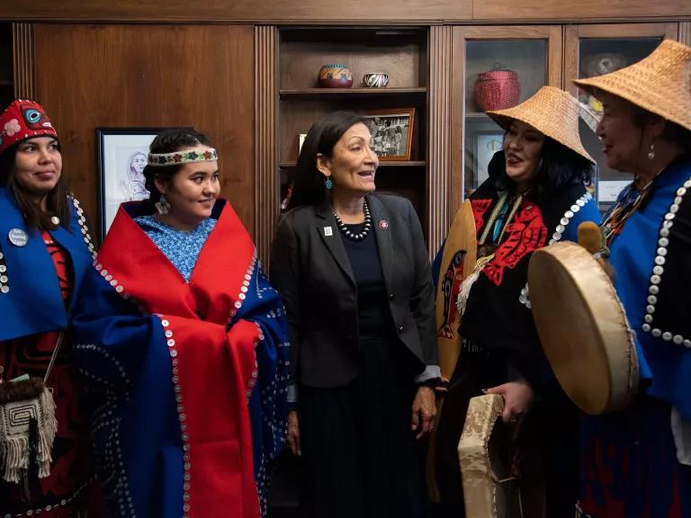 The WECAN Indigenous Women's Tongass Delegation meeting with then New Mexico Representative Deb Haaland to express their support of the Roadless Rule