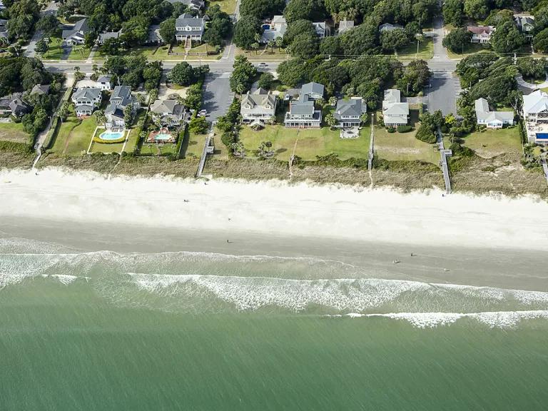 An aerial view of beachfront homes on Millionaire Row in Myrtle Beach, South Carolina