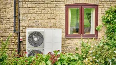 A heat pump installed outside of a house