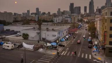 An aerial view of homeless encampments on Skid Row
