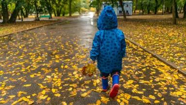 A young child wearing a rain jacket and rainboots walks through fallen leaves in a park on a rainy day.