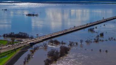 A raised causeway traverses a flooded wildlife area