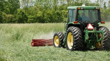 A roller crimper on front of tractor mowing down cover crop so it can be incorporated in the soil