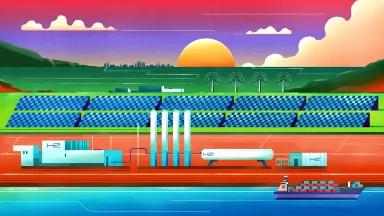 A brightly colored illustration showing a green hydrogen hub. A container ship on a waterway and a hydrogen production and storage facility are in the foreground, a solar panel array and wind turbines are in the mid-ground, and a city and sunset sky are in the distance.