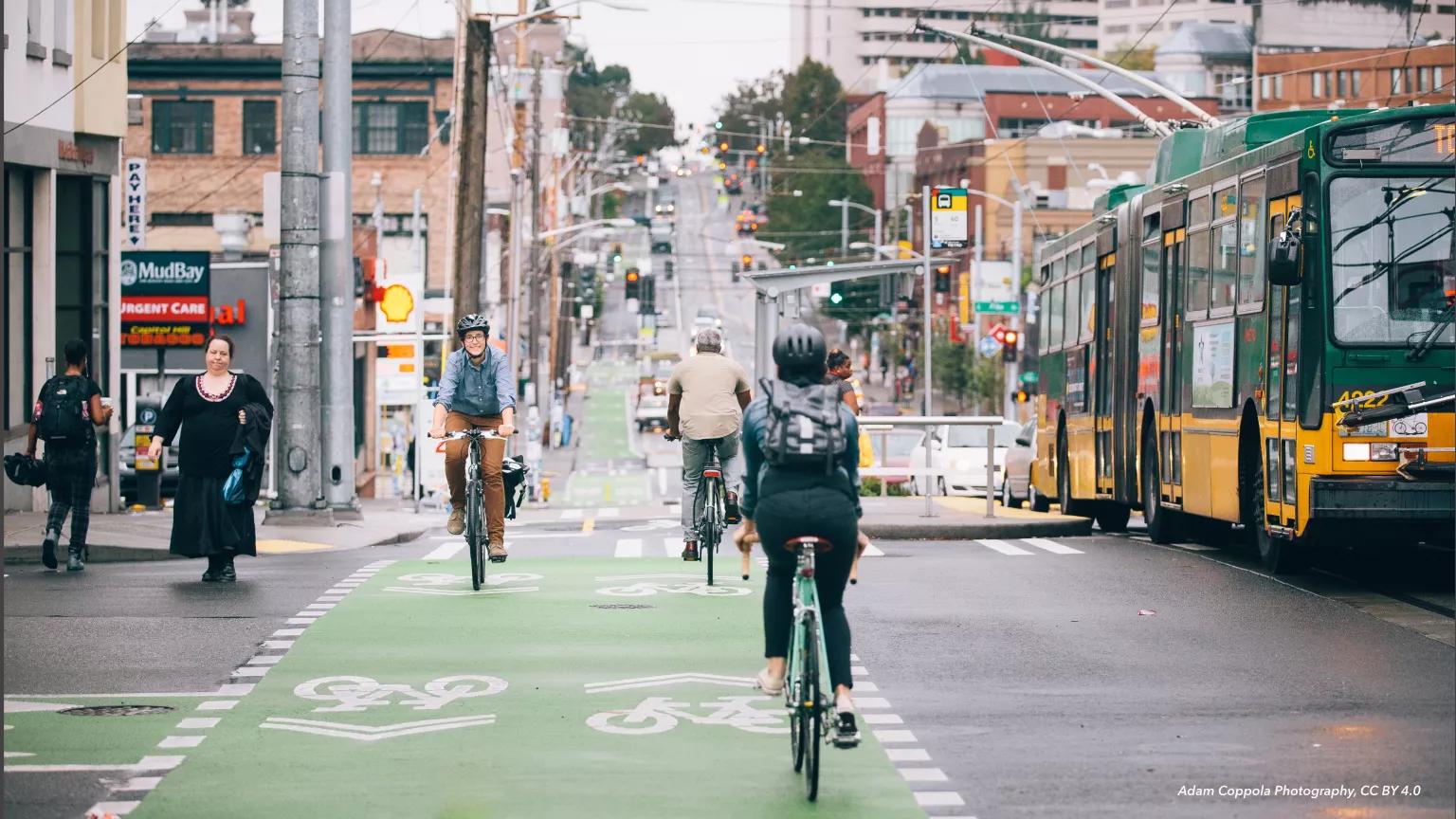 A view of cyclists on a bike lane in Seattle, Washington