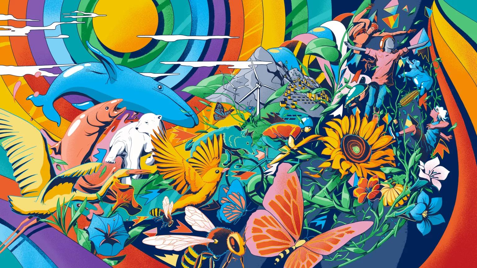 A colorful illustration showing plants, animals, and people