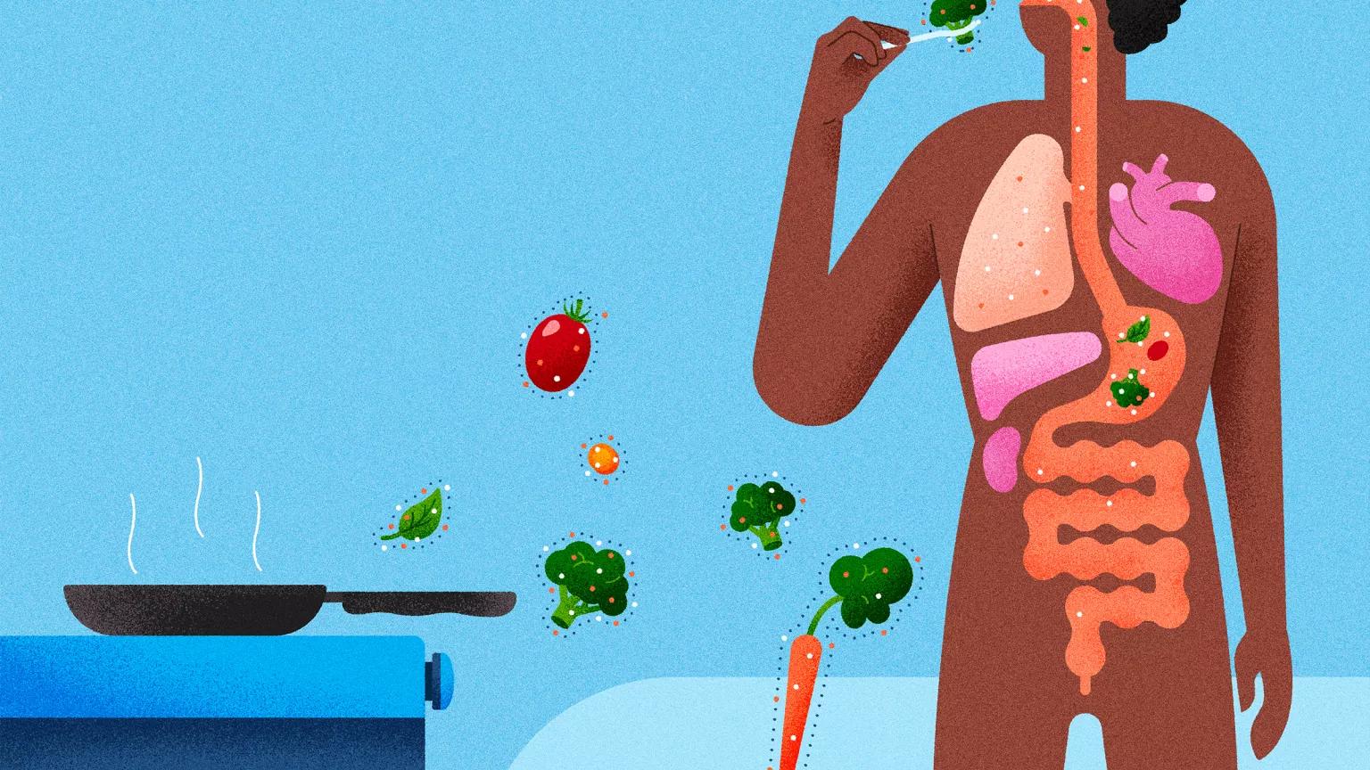 An illustration of a Teflon (Polytetrafluoroethylene, PTFE) pan on a stove with heatwaves coming from it; tomatoes, a piece of broccoli, and a spinach leaf surrounded by PTFE particles float near the pan. To the right a man with his internal organs visible and particles traveling throughout his organs representing Teflon (Polytetrafluoroethylene, PTFE).