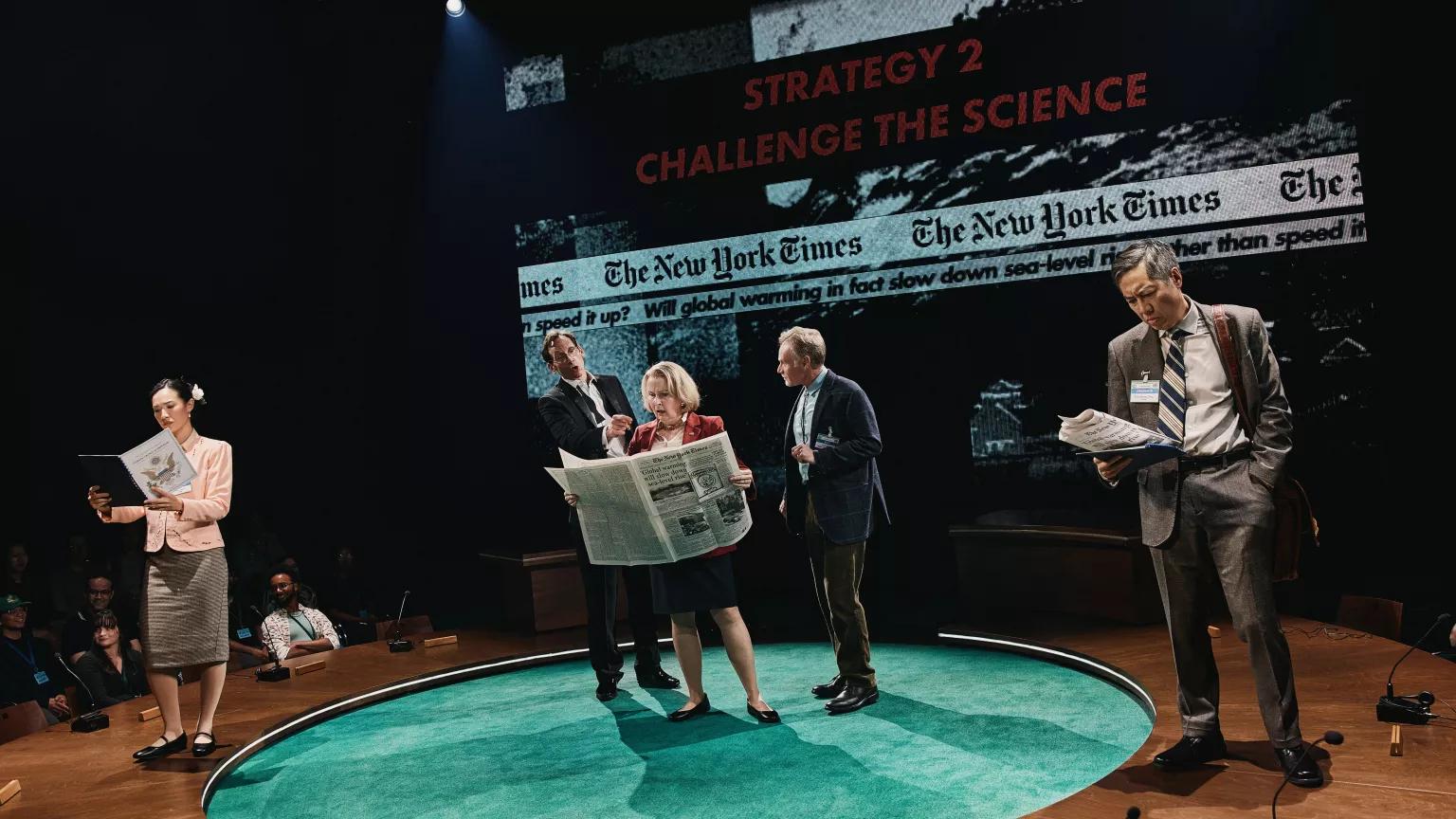 Taiana Tully, Stephen Kunken, Kate Burton, Peter Bradbury, and Feodor Chin in The Royal Shakespeare Company and Good Chance production of KYOTO, written by Good Chance Theatre Artistic Directors and playwrights Joe Murphy and Joe Robertson at Lincoln Center Theater in Manhattan, New York.