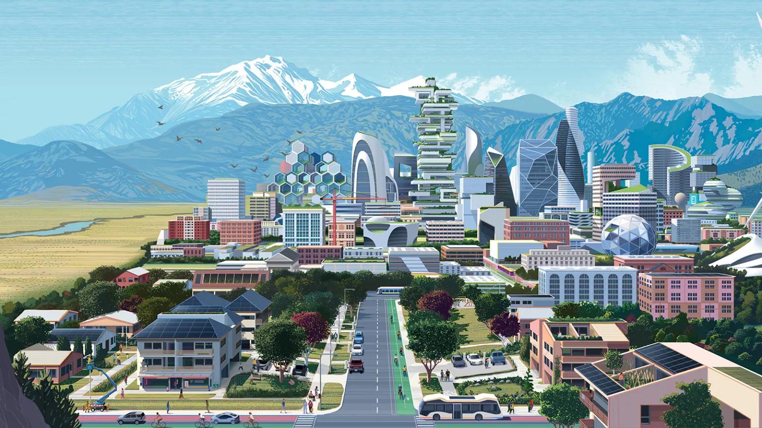 An illustration of a futuristic cityscape with a wind turbine, buildings with rooftop solar panels and gardens, and a river and snowy mountain peaks in the distance