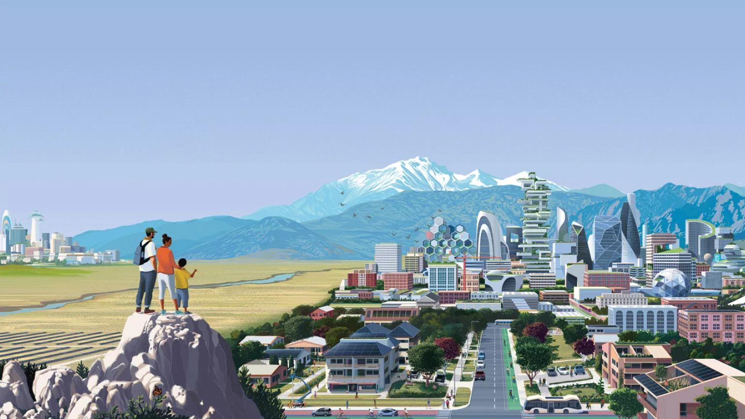 An illustration of a family standing on a mountain peak overlooking a futuristic cityscape with a wind turbine, buildings with rooftop solar panels and gardens, and a river and snowy mountain peaks in the distance