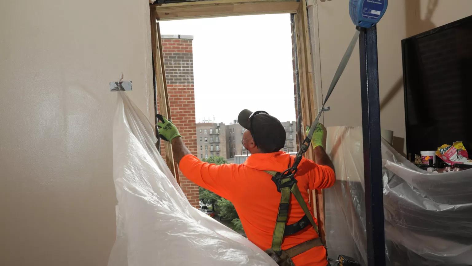 A construction worker handles a piece of lumber in a windowframe