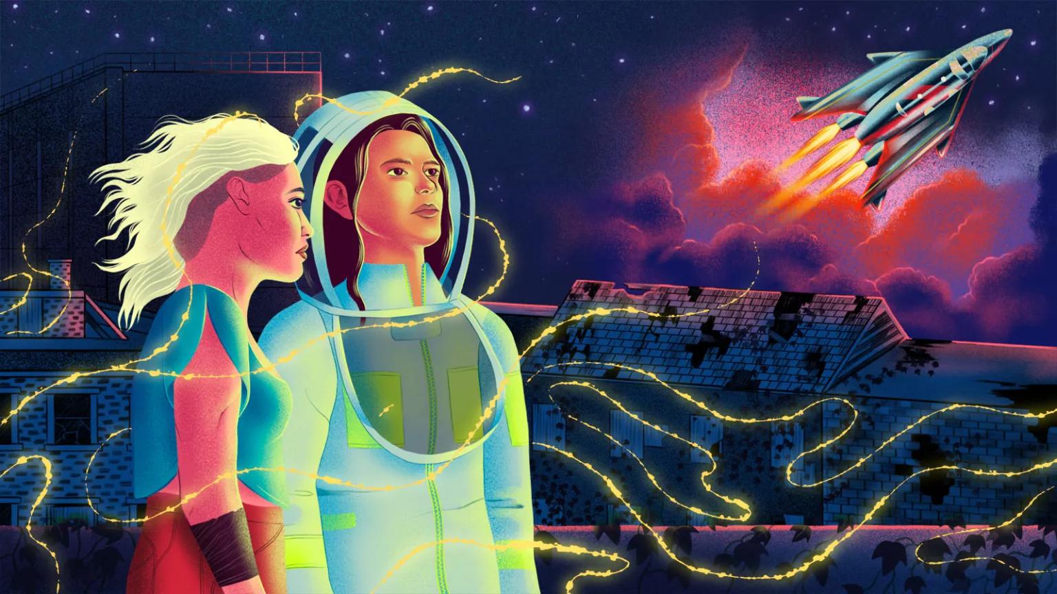 An ilustration of two people, one in a spacesuit, looking up at a rocket in the dark sky