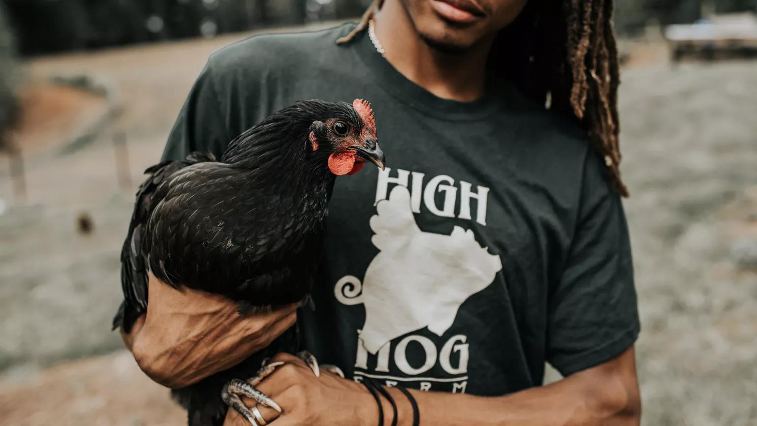 A man wearing a t-shirt with the words High Hog holds a rooster
