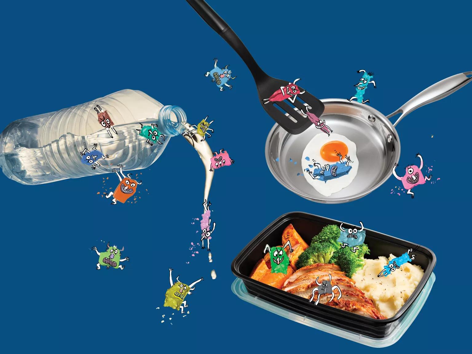 A photo collage illustration for NRDC's Microplastics Are Micromonsters campaign depicting pieces of plastic as cartoon monsters invading bottled water, cooking utensils, and a reheated meal packed in a plastic container.