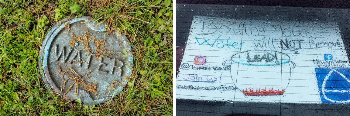 At left, a metal cap on a water pipe access point in the grass; at right, a hand-drawn poster in a window reads "Boiling your water will not remove lead"
