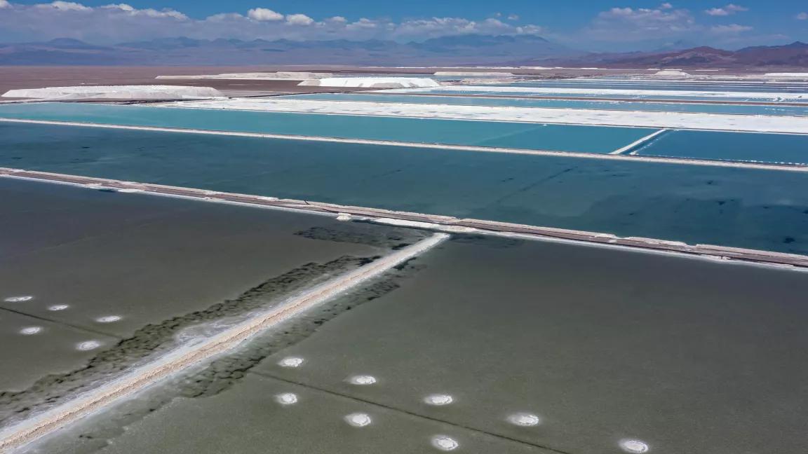 An aerial view of brine ponds and processing areas of the lithium mine operated by SQM in Chile's Atacama Desert