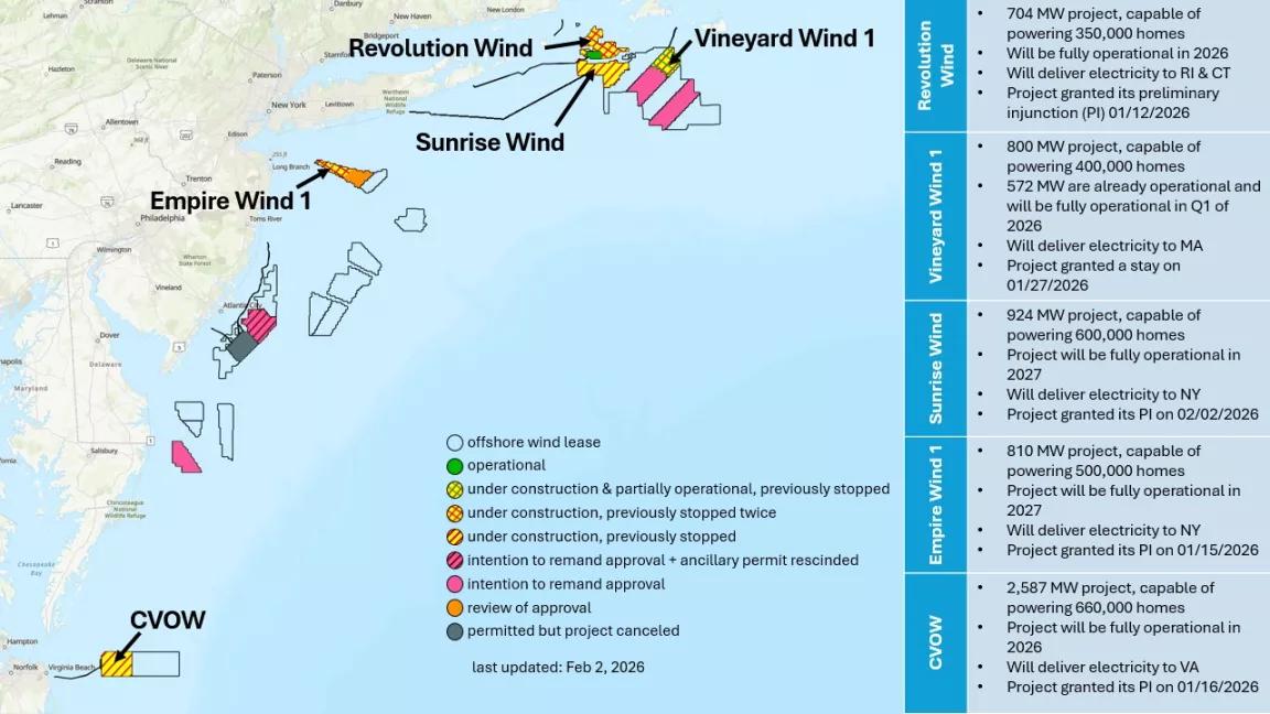 A map of offshore wind projects off the Atlantic Ocean