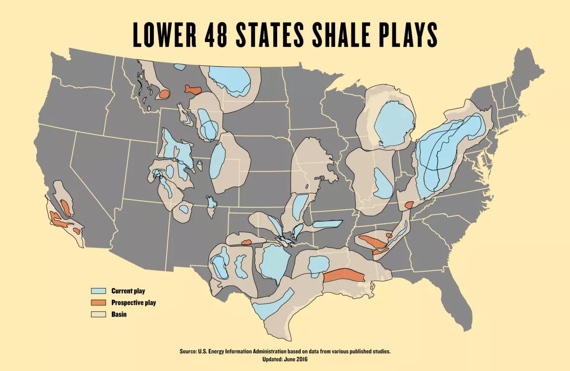 A map of the continental United States entitled, "Lower 48 States Shale Plays"