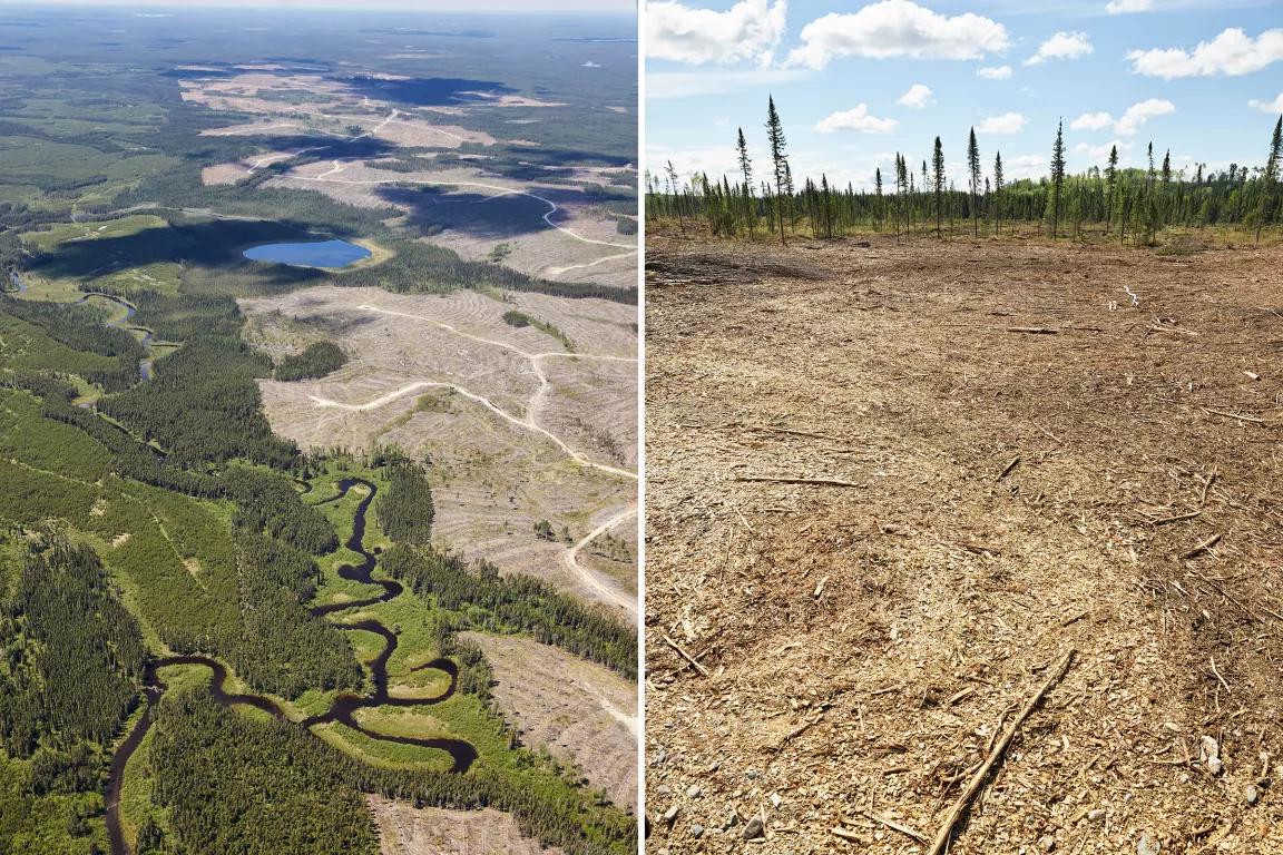 At left, an aerial view shows a line of demarcation between intact, green forest and brown, barren areas of clearcut; at right, a closeup of a swath of land with nothing growing out of the brown ground