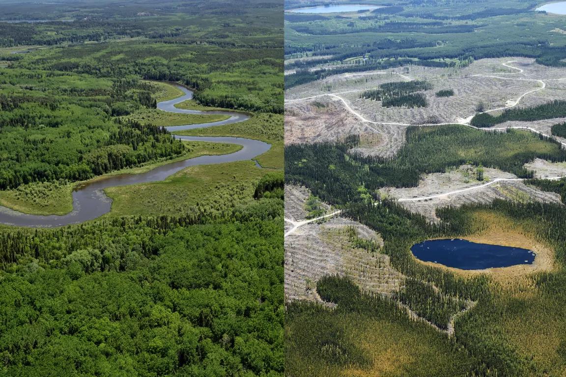 At left, an aerial view of a river snaking through a forested landscape; at right, an aerial view of barren, brown swaths of clearcut forest