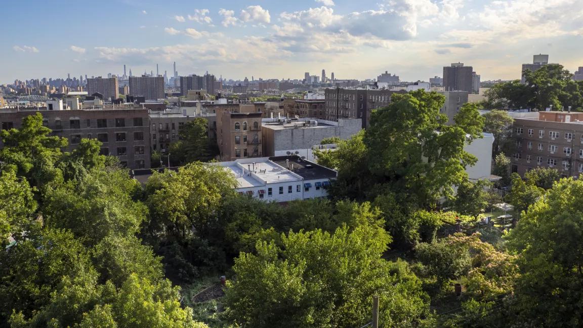 An overhead view of Taqwa Community Farm, a half-acre park operated as a community garden in the Highbridge neighborhood of the Bronx, New York City.
