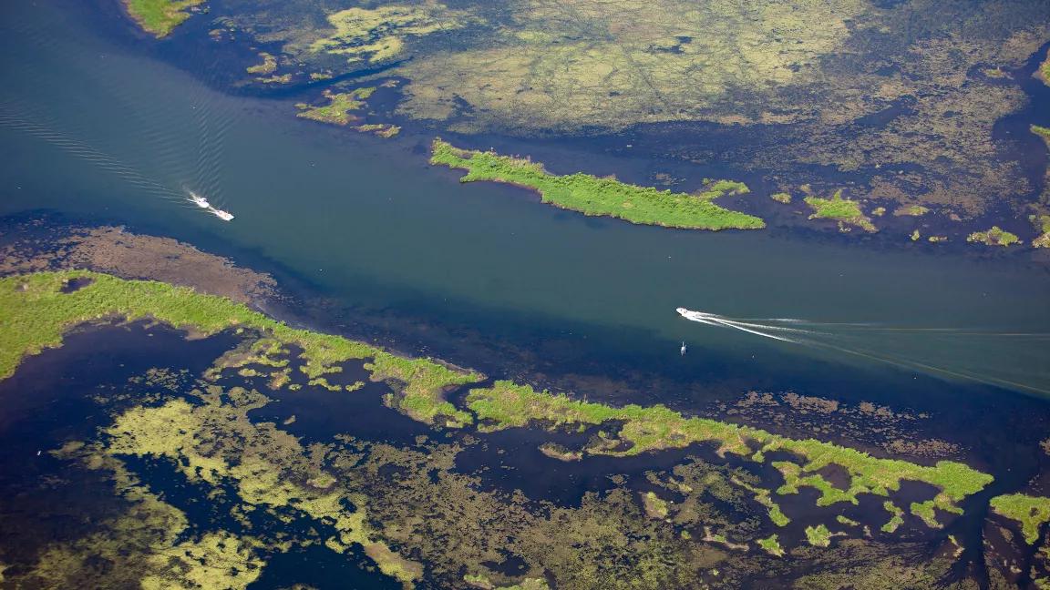  An aerial view of an estuary in Plaquemines Parish, Louisiana, polluted by oil after an explosion and subsequent oil leak occurred at BP's Transocean Mobile Offshore Drilling Unit Deepwater Horizon in the Gulf of Mexico on April 21, 2010. 