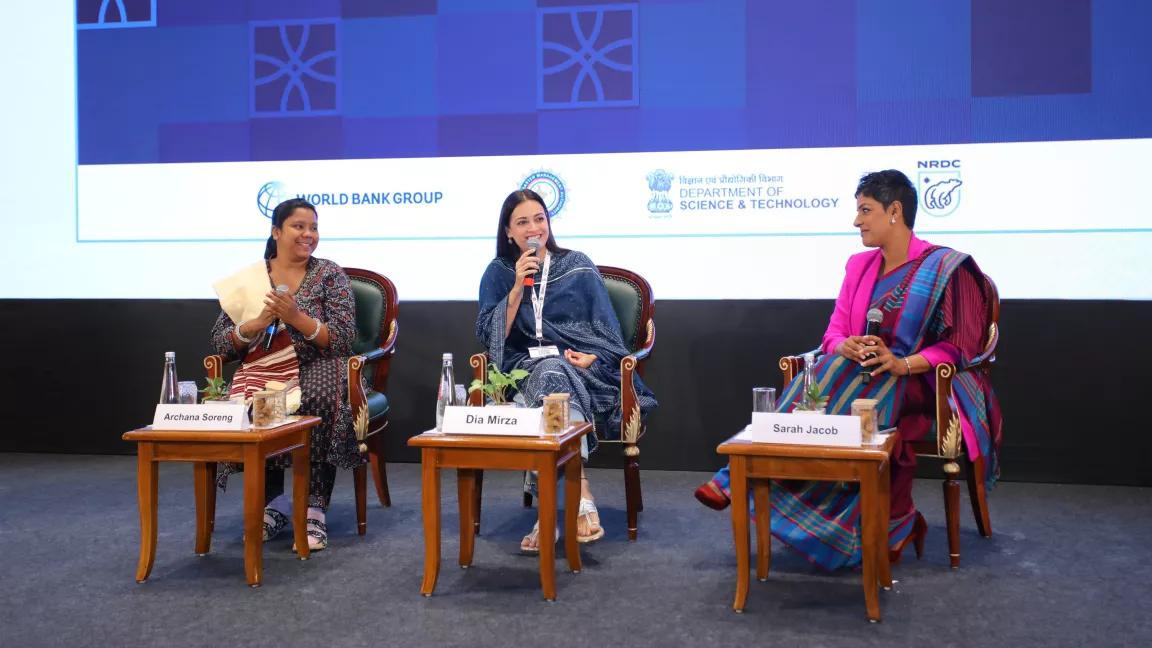 A panel discussion during day one of the Global Heat & Cooling Forum held at Bharat Mandapam in New Delhi, India, on March 17, 2025.

From left:
Indigenous climate activist and former member of the UNSG’s Youth Advisory Group on Climate Change, Archana Soreng
Actor and model Dia Mirza
Journalist Sarah Jacob (moderator)