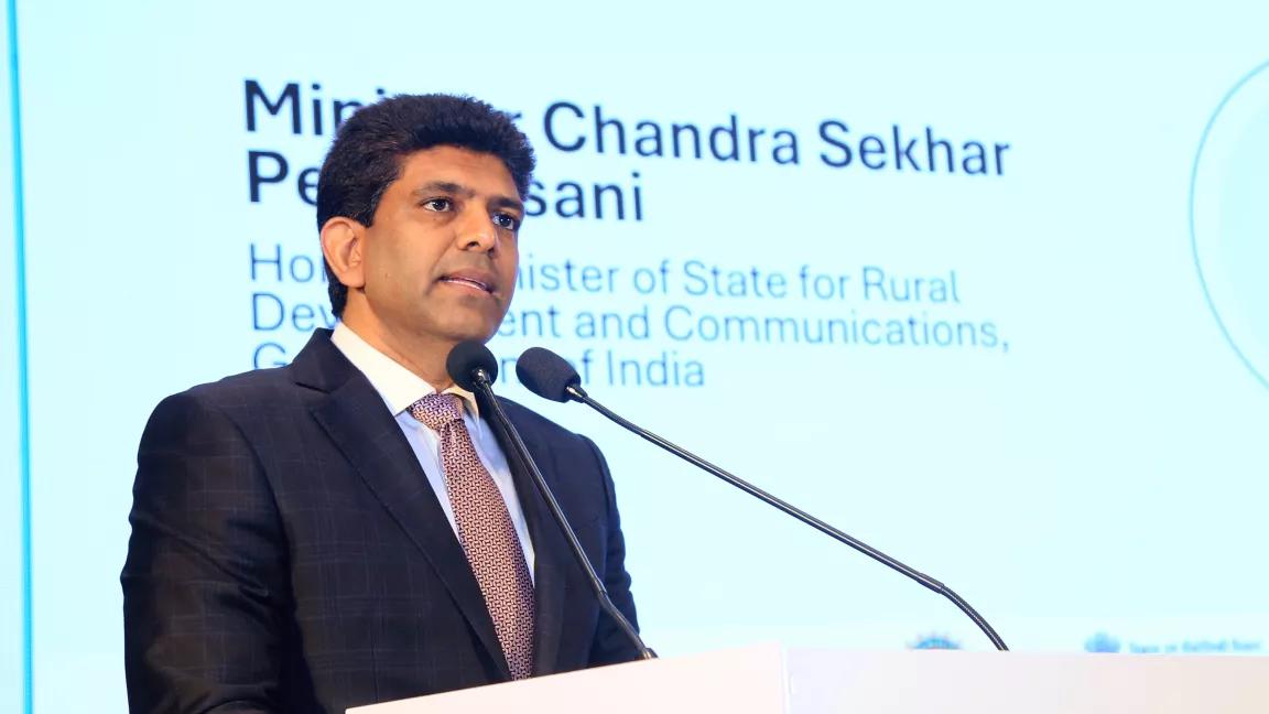 Honorable Minister Chandra Sekar Pemmasani, Minister of State for Rural Development and Communications, Government of India, speaking during day one of the Global Heat & Cooling Forum held at Bharat Mandapam in New Delhi, India, on March 17, 2025.