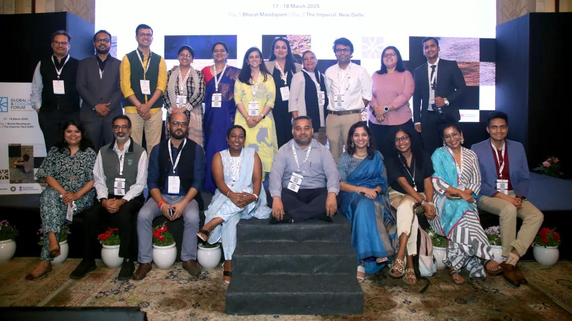 NRDC and NRDC India staff posing for a group portrait during day two of the Global Heat & Cooling Forum held at The Imperial New Delhi in New Delhi, India, on March 18, 2025.