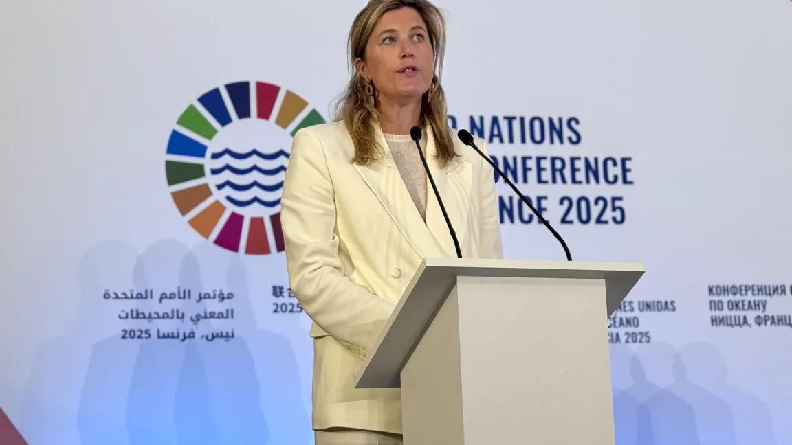 Annelies Verlinden, Minister of Justice and the North Sea for Belgium, speaking at the at the third UN Ocean Conference (UNOC) in Nice, France on June 9, 2025.