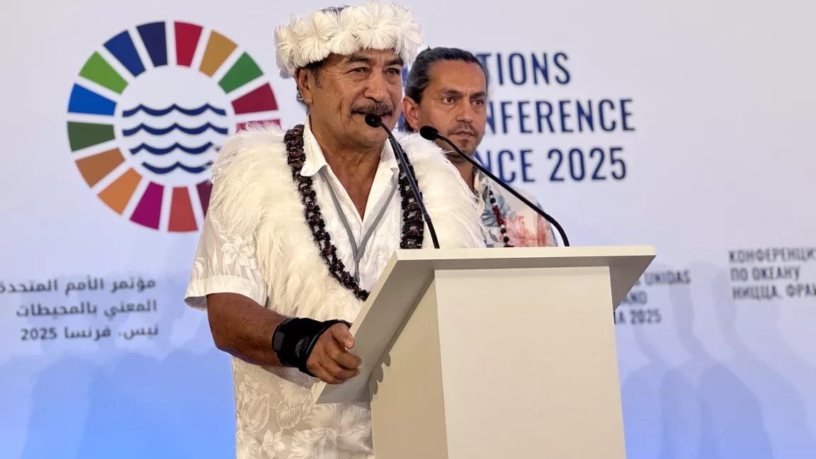 Koro Felipe, Head of the Koro Nui o te Vaikava o Rapa Nui, with interpretation from Sebastian Yancovic Pakarati, at the at the third UN Ocean Conference (UNOC) in Nice, France on June 9, 2025.