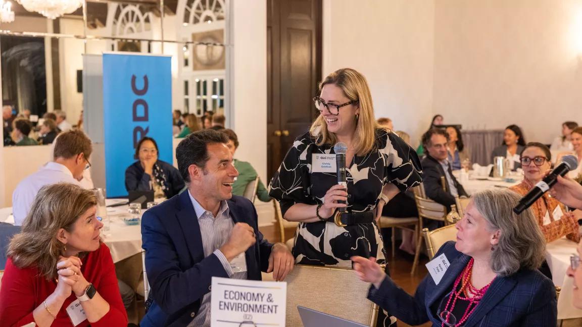 Attendees in conversation during the Green Leaders for Change (GLC) Summit held at the St. Regis in Washington, DC, on May 6, 2025.

People included, from left: 
Founder and President of Future Energy Enterprises and E2 member, Annette Beitel
Scott Ryan
NRDC Executive Director Christy Goldfuss
NRDC Regional Director of Development, Midwest and Mountain States, Kendra Foley