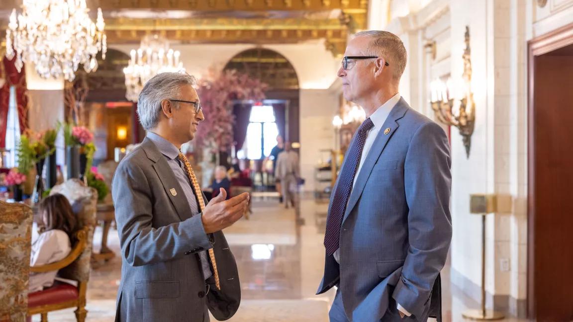 NRDC President Manish Bapna in conversation with Representative for California's 2nd Congressional District, Jared Huffman, during the Green Leaders for Change (GLC) Summit held at the St. Regis in Washington, DC, on May 7, 2025.