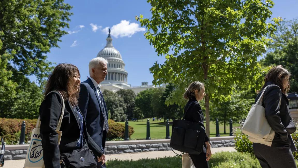 A lobby group of Green Leaders for Change (GLC) Summit attendees walk past the Capitol building in Washington, DC, on May 7, 2025. 

For lobby day, participants are separated into groups paired with an NRDC staffer and then guided to numerous meetings with US Representatives and/or staffers Capitol Hill.
