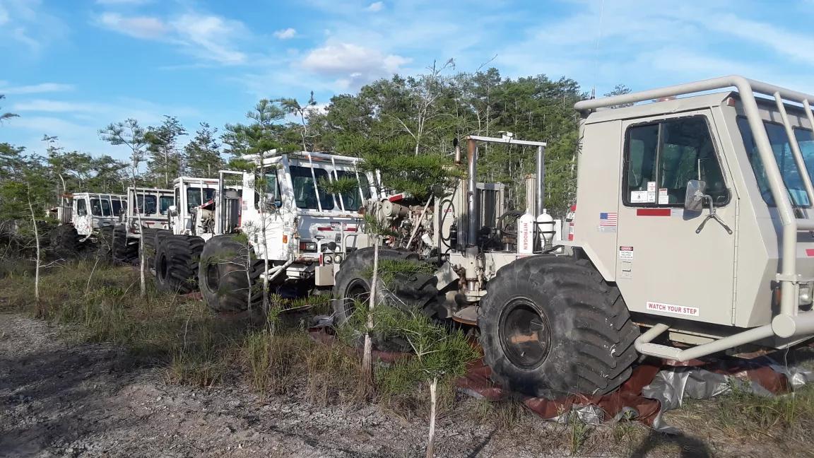 Vibroseis vehicles in Big Cypress National Preserve