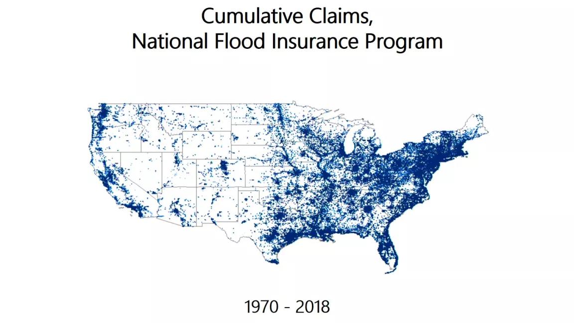 Map of cumulative National Flood Insurance Program claims, 1970 through 2018.