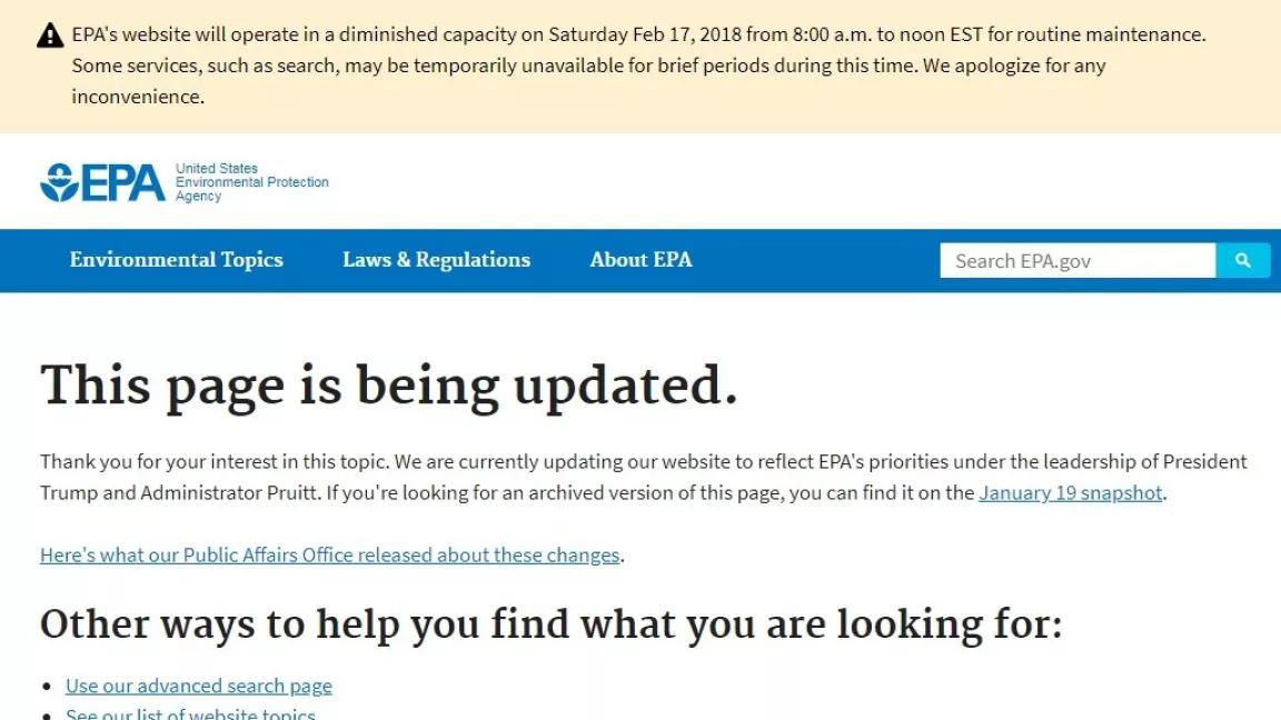 Screenshot of EPA's website on February 15, 2018