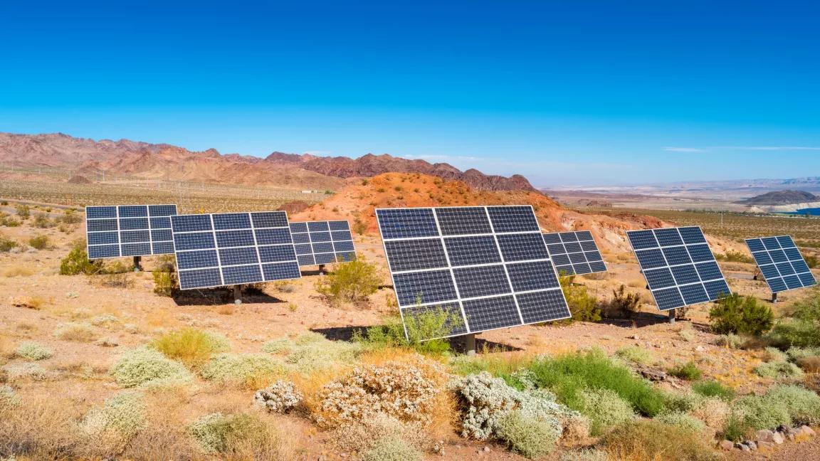 Solar panels and desert landscape in the Lake Mead National Recreation Area in Nevada