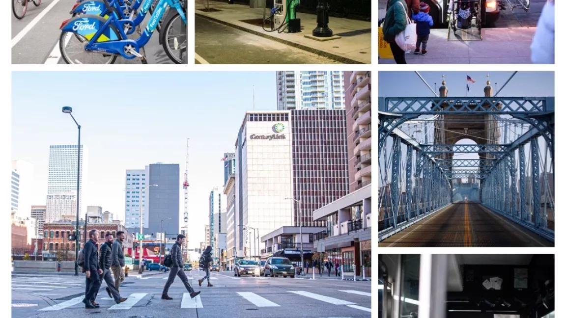 Collage of Transportation Images including bus driver, bridge, bicyclists, and an EV charger. 