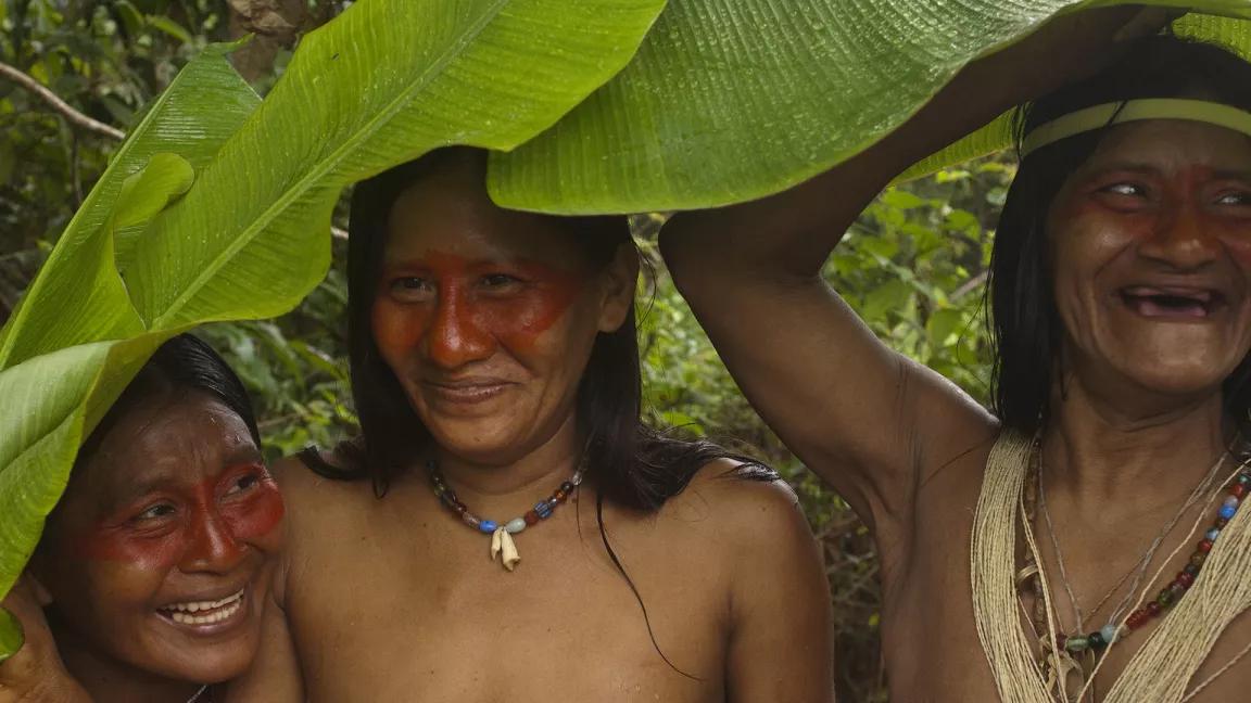 Women hold large green leaves over their heads