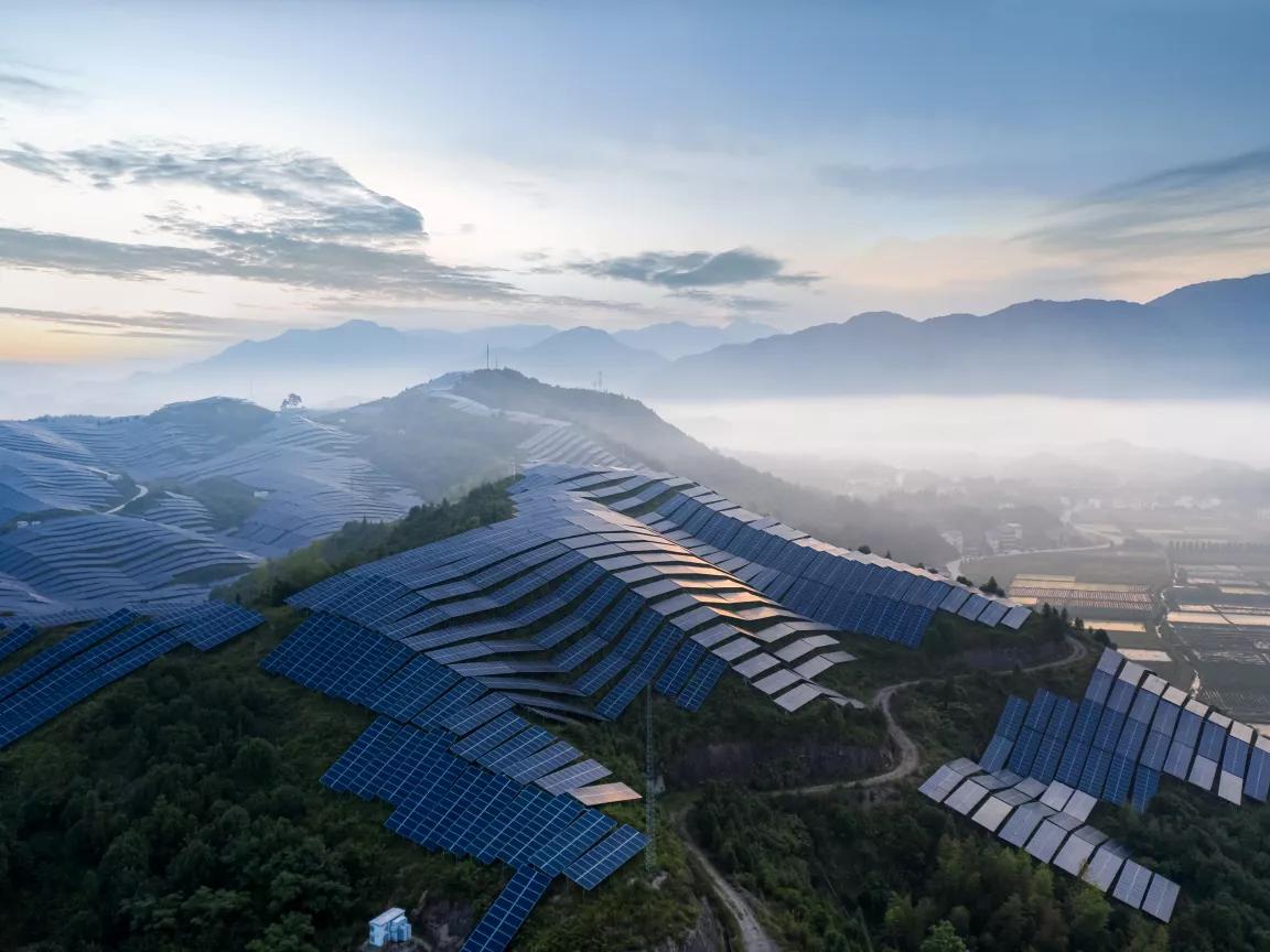 A mountaintop solar power plant in Nanping City, China