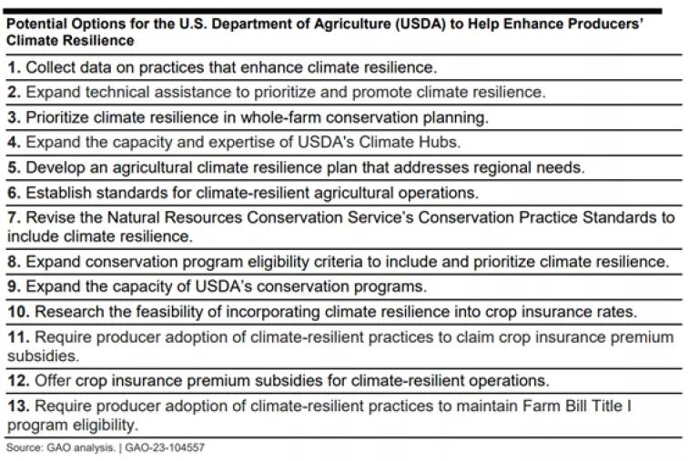 A list of 13 potential options for the U.S. Department of Agriculture to help enhance producers' climate resilience