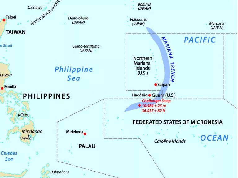 A map shows the location of the Mariana Trench in the Pacific Ocean