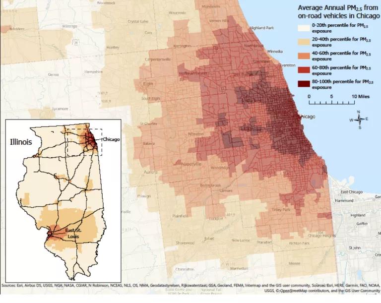 Map showing average annual particulate matter pollution from vehicles in the Chicago region, with pollution exposure increasing the closer you get to Chicago.